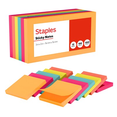 Staples Sticky Notes, 3 x 3, Bright Colors, 1200 Sheets - Vibrant Self-Stick Notes for Reminders, Planning & Collaboration