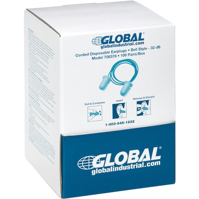 Global Industrial Bell Earplugs, Contour, Corded, NRR 32 dB, 100 Pairs/Box (708378)