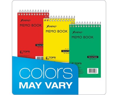 Ampad Memo Pads, 3" x 5", Narrow Ruled, 50 Sheets, Assorted Colors, Each (25-093)