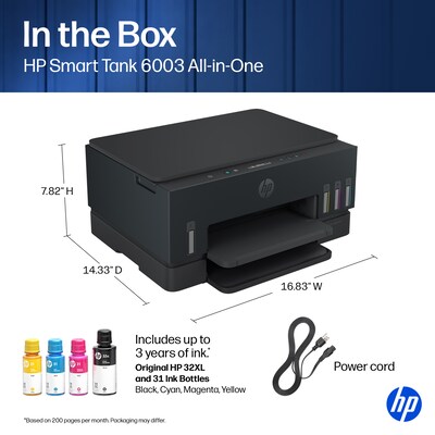 HP Smart Tank 6003 Wireless All-in-One Supertank Printer, Up to 3 Years of Ink Included (D35XXA)