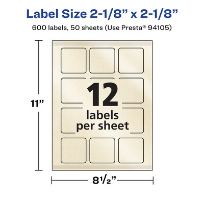 Avery Pearlized Ivory Square Multipurpose Labels, 2-1/8" x 2-1/8", Ivory, 600/Box (94105)