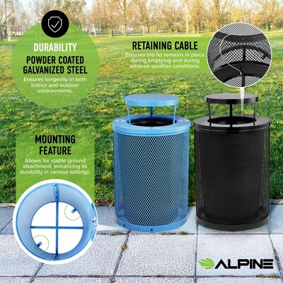 Alpine Industries 4460 Steel Mesh Trash & Recycling Bin Combo with Rain Bonnet Lid, 36 Gallon, Black/Blue (ALP4460-01-F)