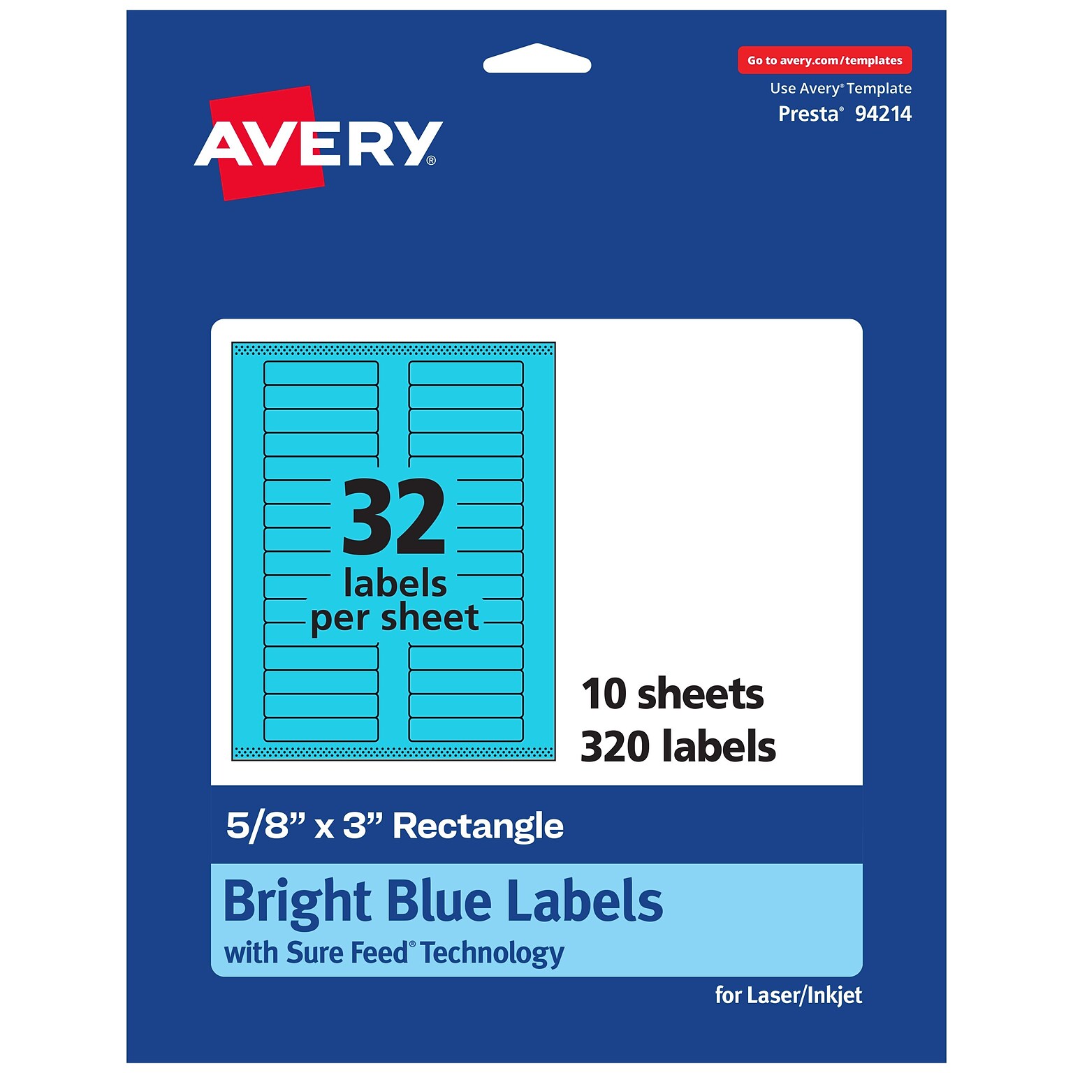 Avery Printable Rectangle Multipurpose Labels, 5/8 x 3, Bright Blue, 320/Pack (94214)