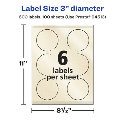 Avery Pearlized Ivory Circle Multipurpose Labels, 3" Dia., Ivory, 600/Box (94513)