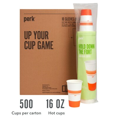 Perk 16 Oz Paper Hot Cups, 500 Count Bulk Disposable Coffee Cups for Hot Beverages, White/Orange