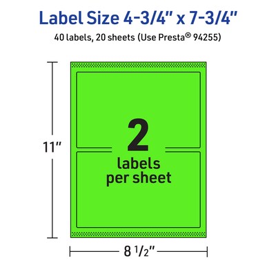 Avery Rectangle Multipurpose Labels, 4.75" x 7.75", Neon Green, 40/Pack (94255)