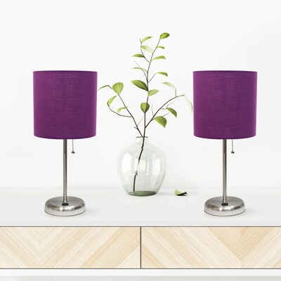 Creekwood Home Oslo Duo 19.5" LED Table Lamp with USB Port, Brushed Steel/Purple Shade, 2/Set (CWT-2012-PR-2PK)