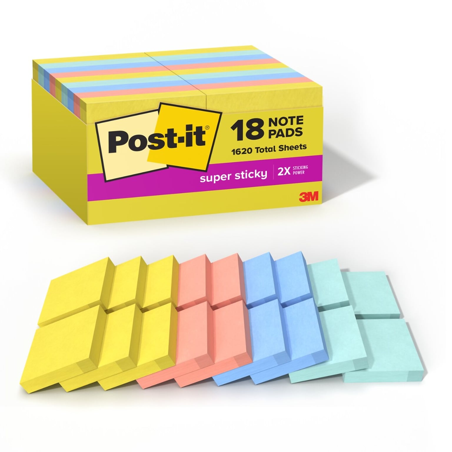 Post-it Super Sticky Pop-up Notes, 2 x 2, Summer Joy Collection, 90 Sheets/Pad, 18/Pads (622-18SSJOY-CP)
