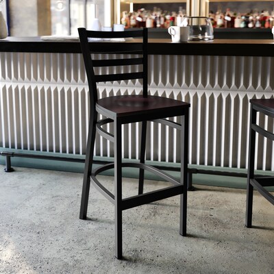 Flash Furniture HERCULES Series Traditional Metal Ladder Back Restaurant Barstool, Black/Walnut Wood