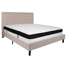 Flash Furniture Roxbury Tufted Upholstered Platform Bed in Beige Fabric with Memory Foam Mattress, K