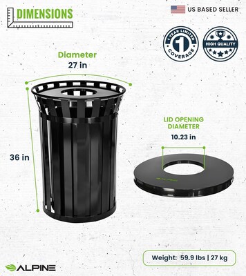 Alpine Industries Metal Trash Can, 38 Gallon, Black (479-38)