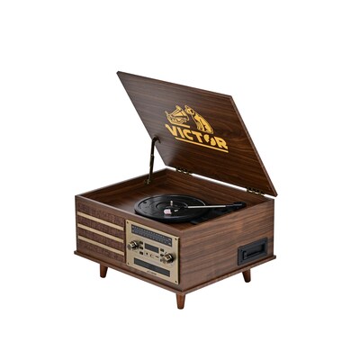 Victor Monroe Retro 8-in-1 Turntable Record Player and Entertainment Center with Bluetooth and Built in Speakers, Walnut