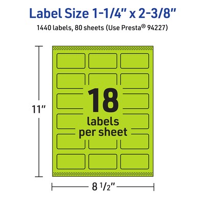 Avery Laser/Inkjet Multipurpose Rectangle Labels, 1-1/4" x 2-3/8", Bright Green, 1440/Box (94227)