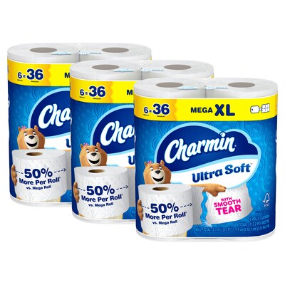 Charmin Ultra Soft Mega XL Toilet Paper, 2-Ply, White, 312 Sheets/Roll, 6 Rolls/Pack, 3 Packs/Carton (01568)
