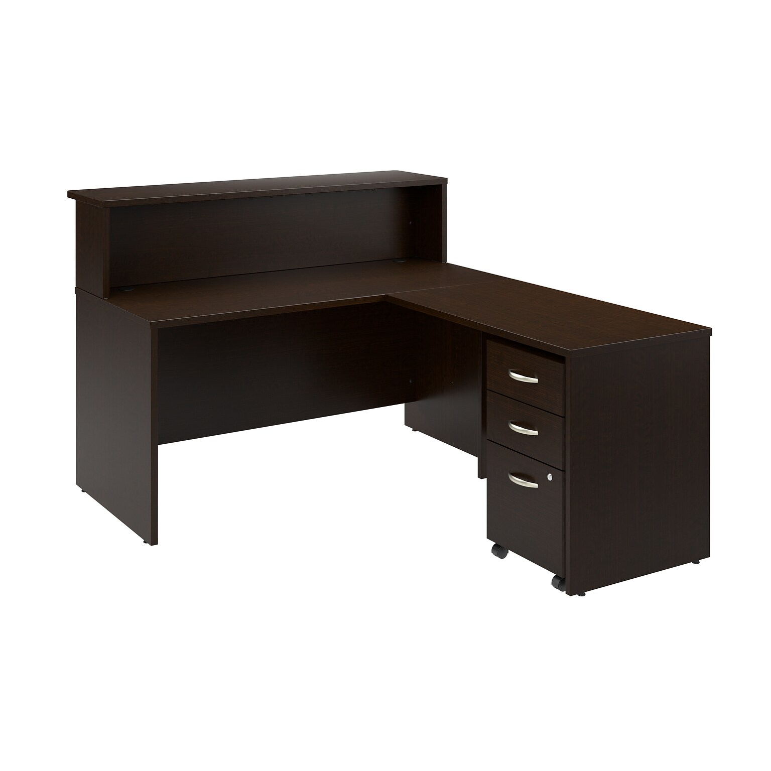 Bush Business Furniture Arrive 60W L Shaped Reception Desk with Shelf and Mobile File Cabinet, Mocha Cherry (ARV004MR)