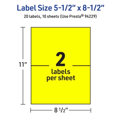Avery Laser/Inkjet Multipurpose Rectangle Labels, 5.5" x 8.5", Neon Yellow, 20/Pack (94229)