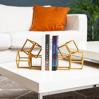 Mind Reader Geometric Cube Metal Book Ends, 6", Gold (BLOCKS2-GLD)