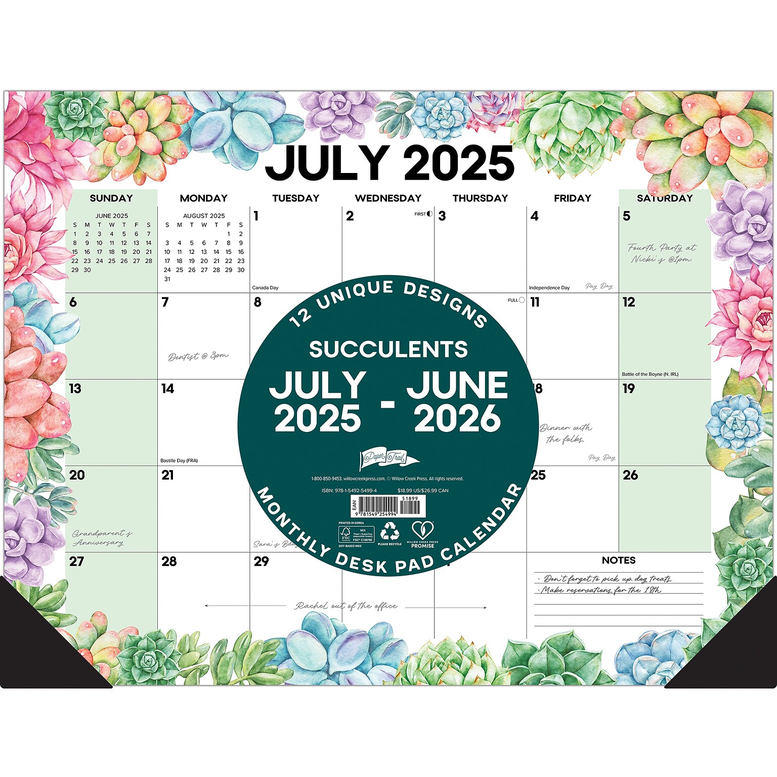 2025-2026 Willow Creek Succulents 22 x 17 Academic Monthly Desk Pad Calendar (54994)