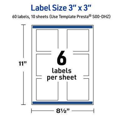 Avery Laser/Inkjet Square Multipurpose Labels, 3" x 3", White, 60/Pack (S00DHZ)