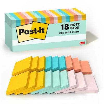 Post-it Sticky Note, 3 x 3, Beachside Café Collection, 100 Sheets/Pad, 18 Pads/Pack (654-18APCP)