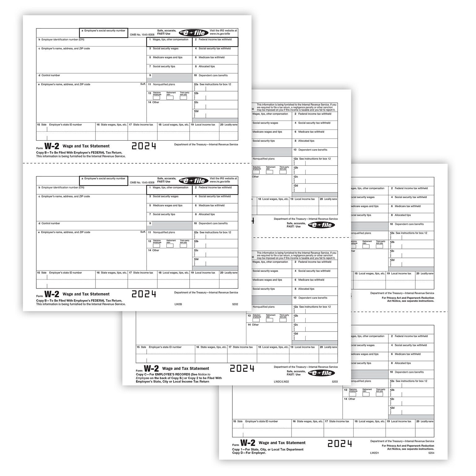 ComplyRight 2024 W-2 Tax Form, 5-Part, 2-Up, Copy B, C/2, D/1, 25/Pack (564825)