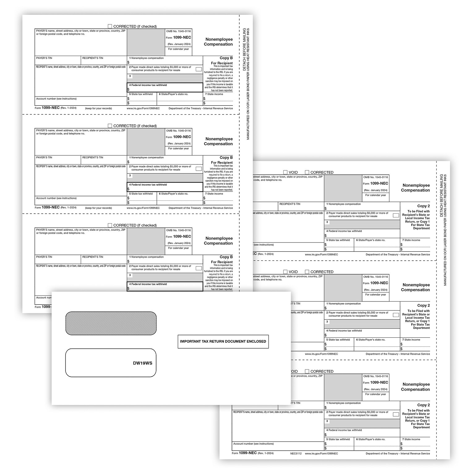 ComplyRight 2024 1099-NEC Tax Form Envelopes/Recipient Copy Only, 2-Part, 3-Up, Copy B, C/2, 50/Pack (NEC6113E)