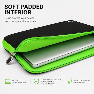 Vangoddy 15" Laptop Sleeve, Black/Green (NBKLEA224)