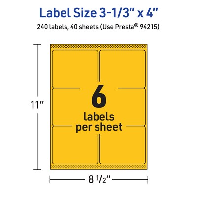 Avery Laser/Inkjet Rectangle Multipurpose Labels, 3-1/3" x 4", Bright Yellow, 240/Pack (94215)