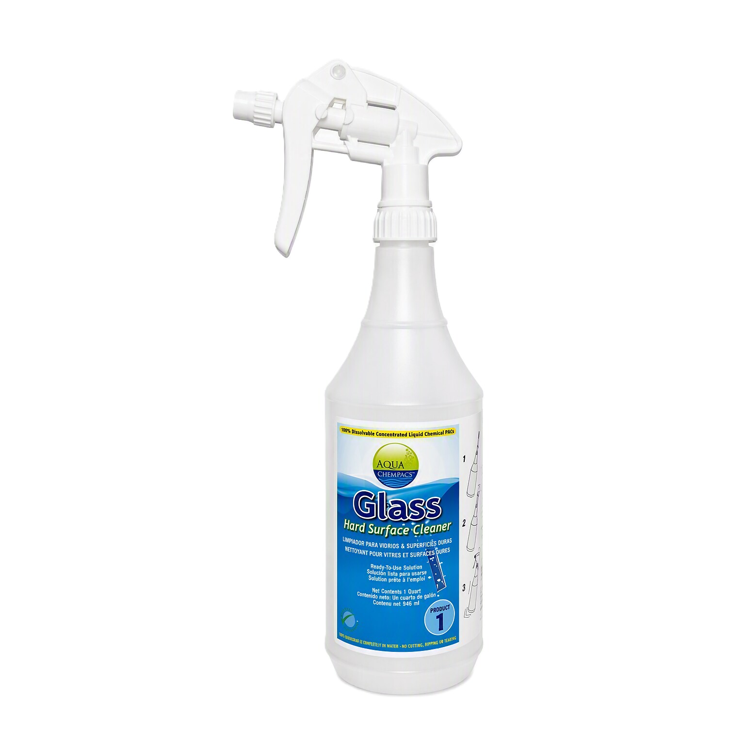 Aqua ChemPacs Glass Cleaner 32 oz. Spray Bottle with Trigger, White/Blue (9320252)