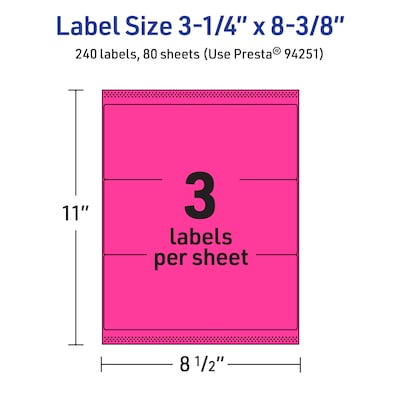 Avery Rectangle Laser/Inkjet Multipurpose Labels, 3-1/4" x 8-3/8", Neon Magenta (240/Box)