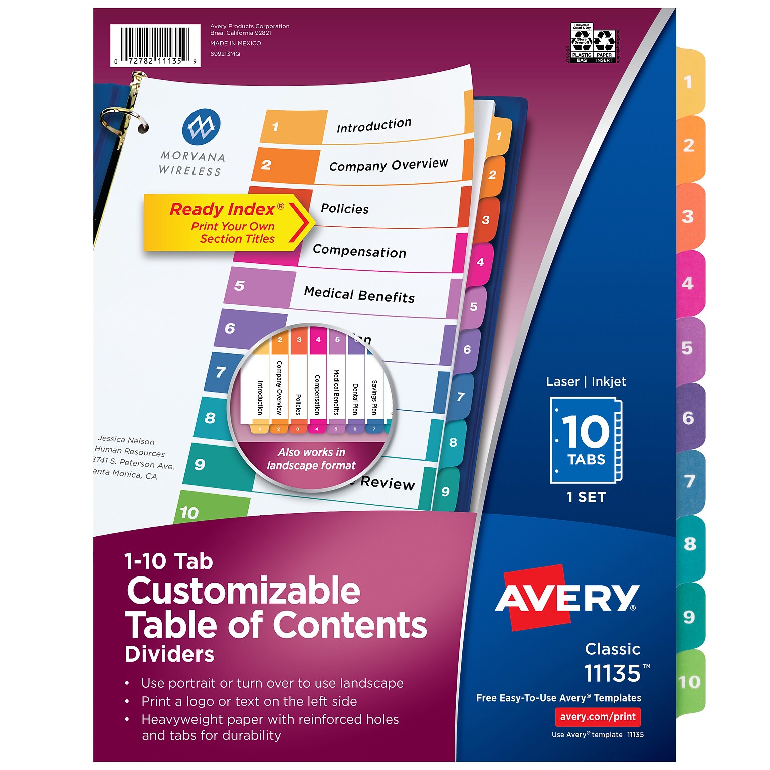 Avery Ready Index Table of Contents Paper Dividers, 1-10 Tabs, Multicolor (11135)
