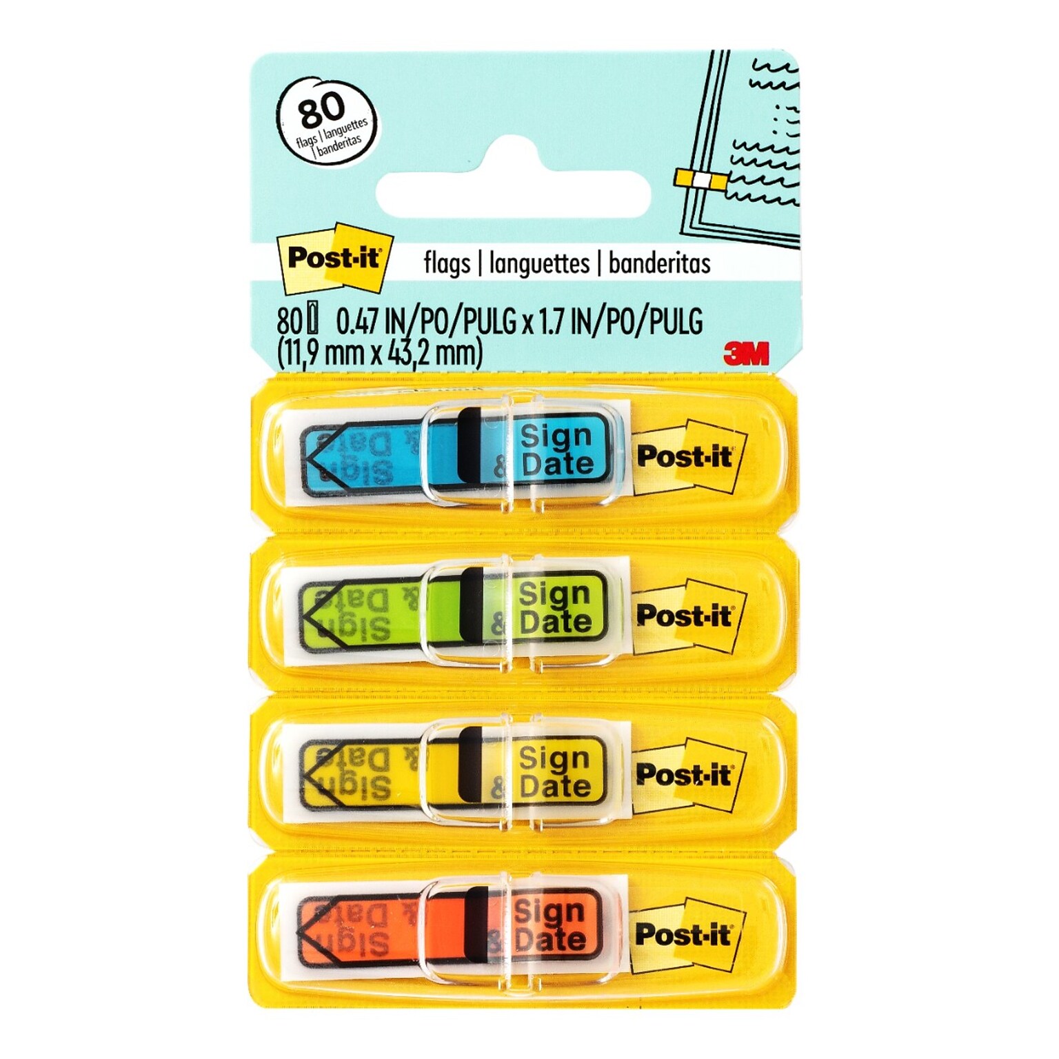 Post-it® Sign and Date Message Flags, 0.47 Wide, Assorted Colors, 80 Flags/Pack (684-SD)