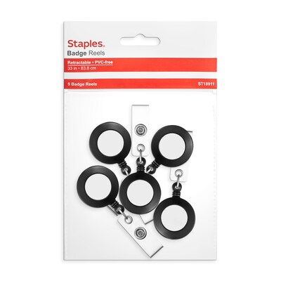 Staples Badge Reels, 33 Retractable Cord Length, Vinyl/Metal, Black, 5/Pack (18911)