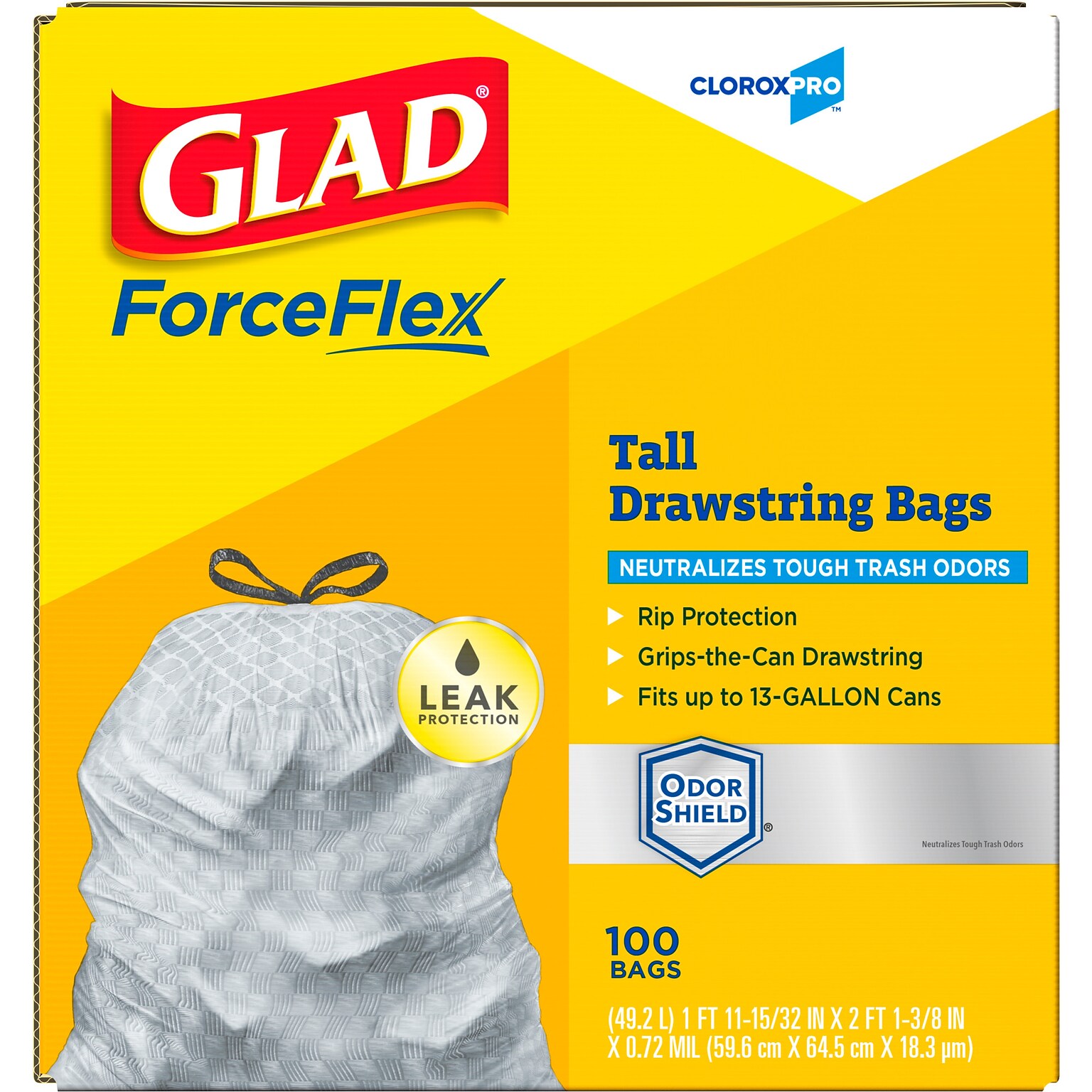 CloroxPro Glad ForceFlex 13 Gallon Tall Kitchen Trash Bag, 23.75 x 24.88, Low Density, .72 mil, Gray, 100/Box (70427)