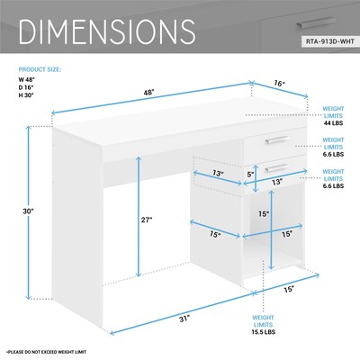 Techni Mobili 48" Writing Desk, White (RTA-913D-WHT)