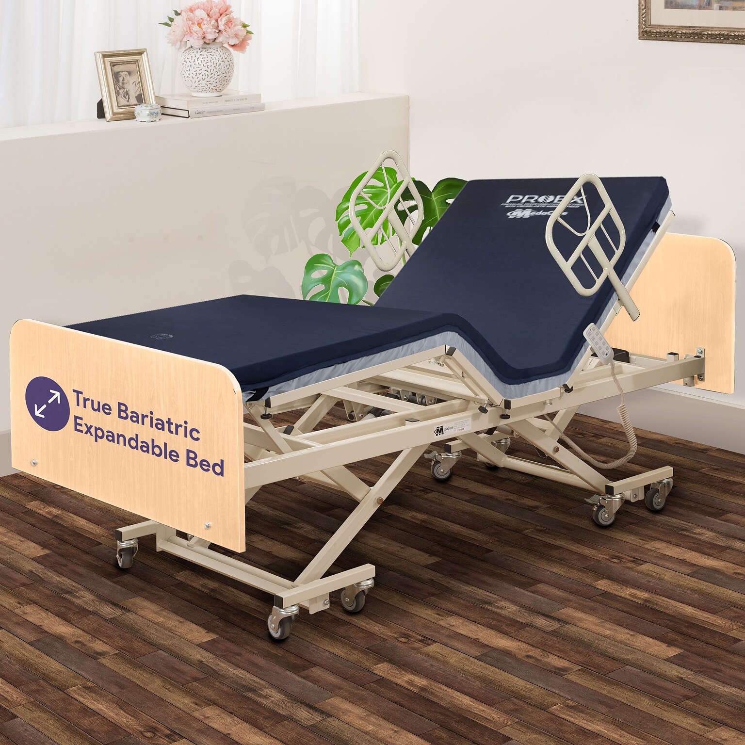 Medacure Electric Bariatric Adjustable Hospital Bed w/ Split Frame, 10 Function Hand Pendant, 750 lb., Maple (MC-LXBARISFMP)