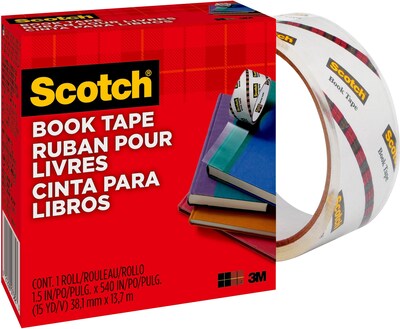 Scotch Book Transparent Clear Tape, 1.5" x 15 yds., 3" Core, Transparent (845)