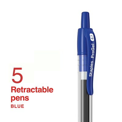 Staples ProGel™ Retractable Gel Pen, Fine Point, 0.7mm, Blue Ink, 5/Pack (ST62099)