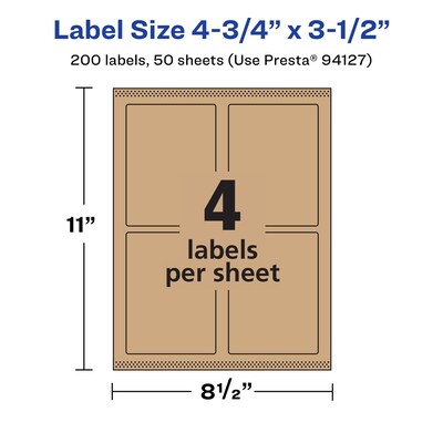 Avery Laser/Inkjet Rectangle Multipurpose Labels, 4.75" x 3.5", Kraft Brown, 200 Labels/Box ( 94127)