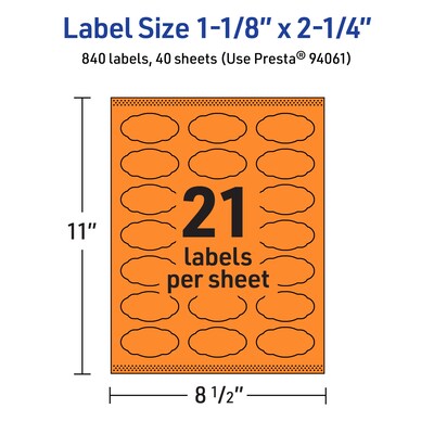 Avery Decorative Edge Multipurpose Labels, 1-1/8" x 2-1/4", Bright Orange, 840/Pack (94061)