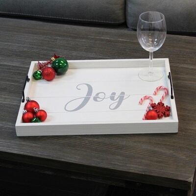 Elegant Designs "Joy" Decorative Wood Serving Tray w/ Handles, 15.50" x 12", White Wash (HG2000-WJY)