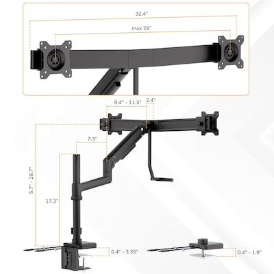 Mount-It! Dual Monitor Gas Spring Desk Mount with Pole and Crossbar For Screens Up to 32", 19.8 lbs Per Arm, Black (MI-12005)