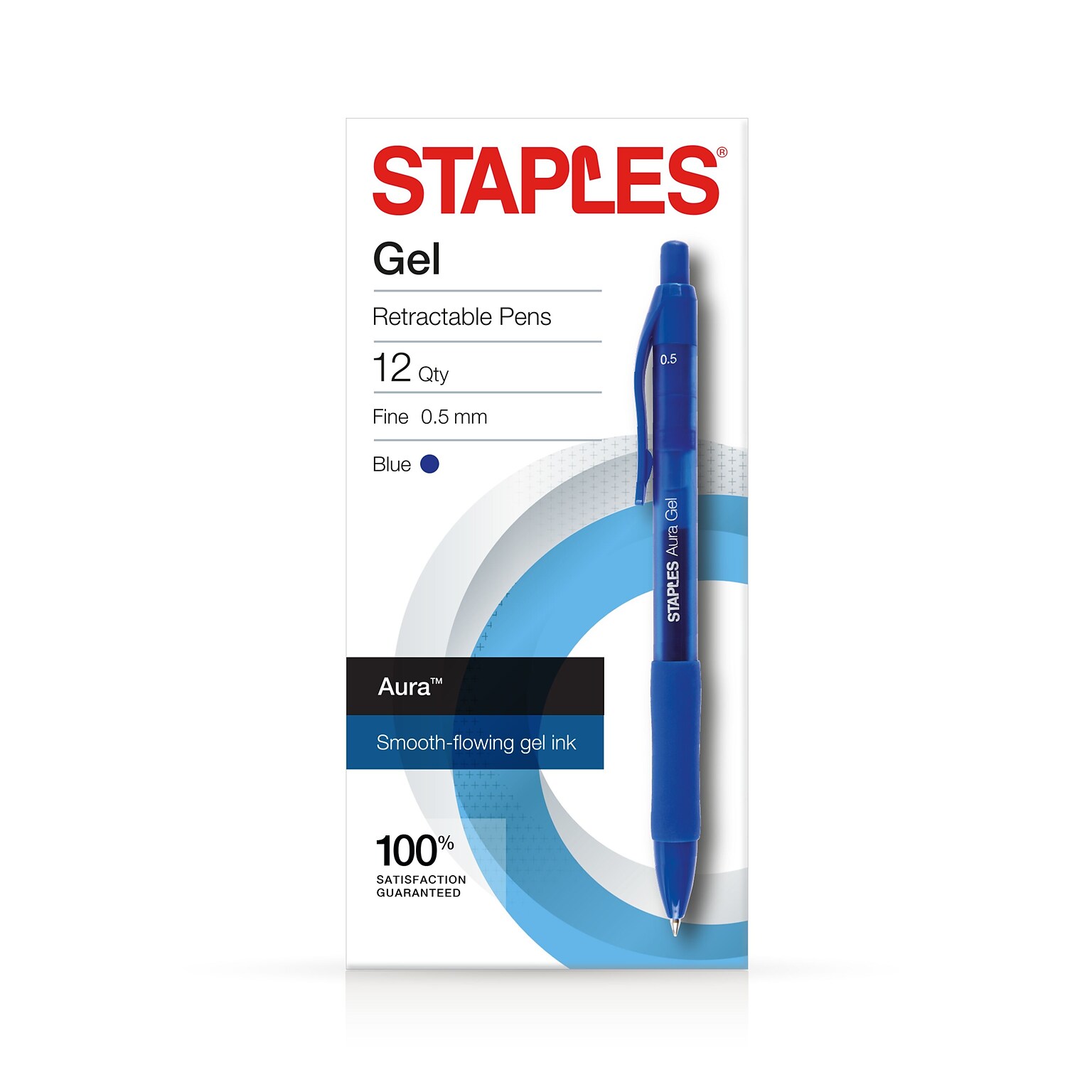 Staples Aura Retractable Gel Pens, Fine Point, Blue Ink, Dozen (50365)