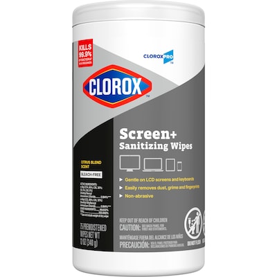 CloroxPro Clorox Screen+ Sanitizing Wipes, Bleach Free, Citrus Blend Scent, 75 Wipes/Container, 6/Carton (60724CT)