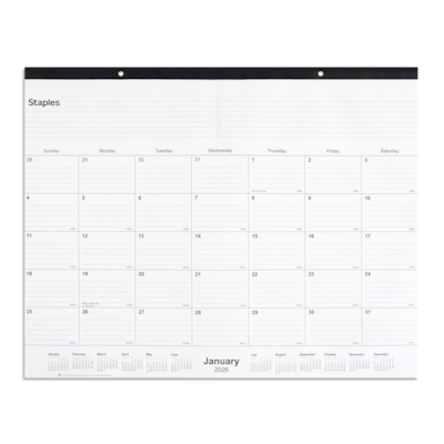 2026 Staples 22 x 17 Monthly Desk Pad Calendar, White/Black (ST12951-26)