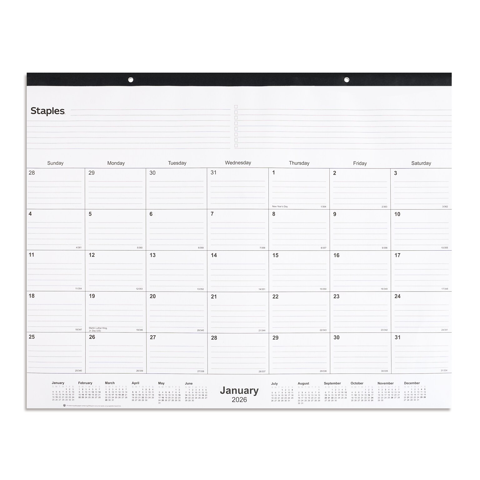 2026 Staples 22 x 17 Monthly Desk Pad Calendar, White/Black (ST12951-26)
