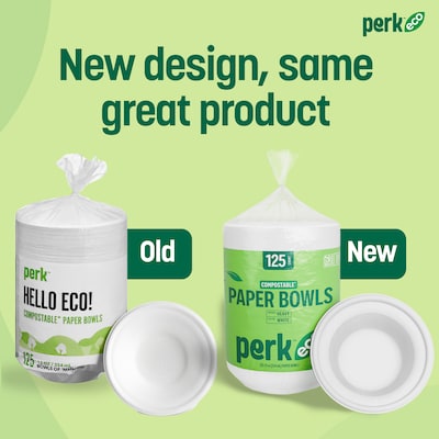 Perk™ Eco Compostable Paper Bowls, 12 Oz., White, 125/Pack (PK61285)