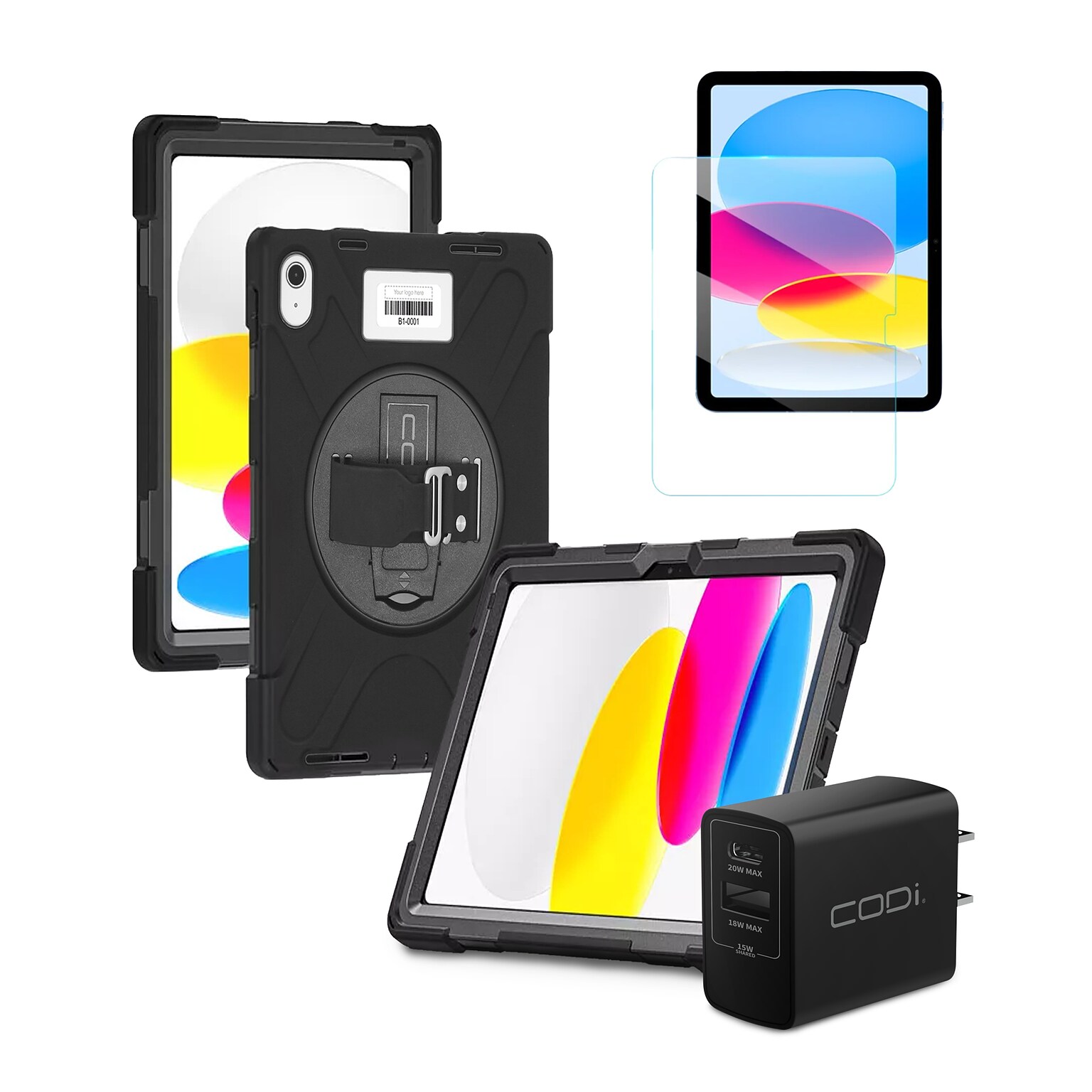 CODi Rugged iPad 11 (A16)/iPad 10.9 (10th Generation) Case, Screen Protector & 20W Dual Port Wall Charger (TK000002)