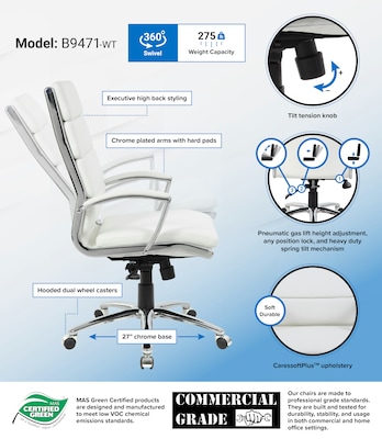Boss Office Products Ergonomic CaressoftPlus Vinyl Swivel Executive Chair, White (B9471-WT)