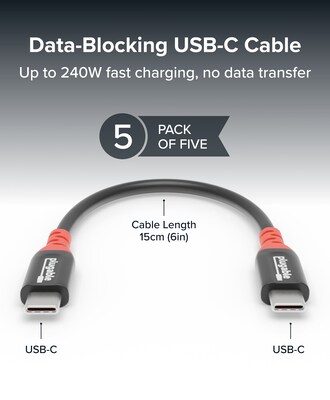 Plugable 0.5 ft. USB-C to USB-C Charging Cable, Male to Male, Black, 5/Pack (USBC-CCS5X)